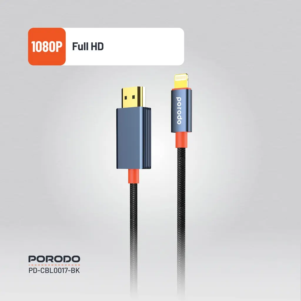 Porodo Woven Cable Lightning to HDMI 2M Black&Orange