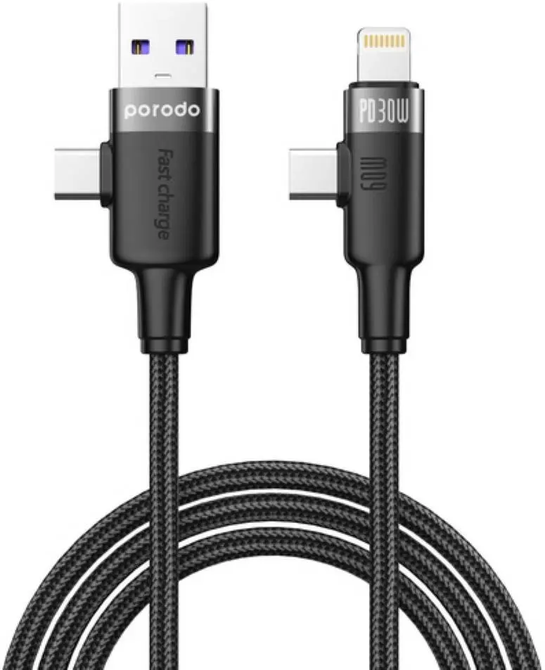 Porodo Dual Connector Cable Lightning Type-C USB-A-Black 